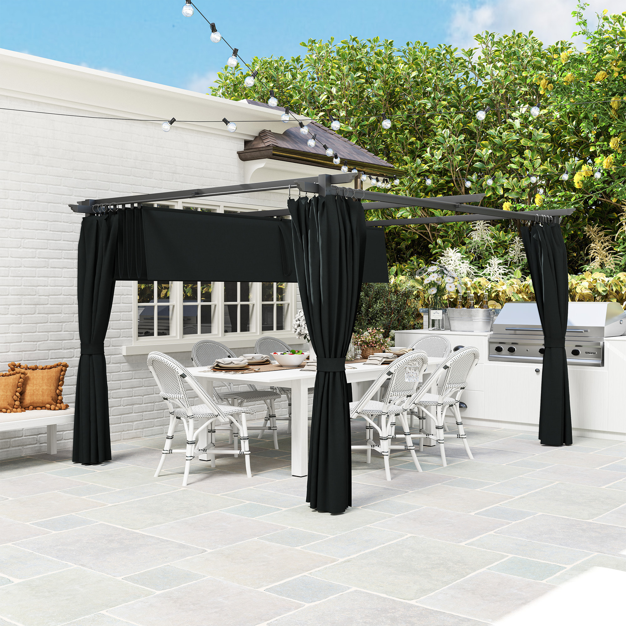 Pérgola con Techo Retráctil 4x3 m Pérgola de Aluminio con Paredes Laterales Cenador con Tela de Poliéster Anti-UV Resistente al Agua Pabellón para Jardín Patio Terraza Gris Oscuro
