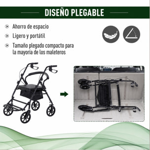 HOMCOM Andador para Ancianos Plegable, Andadores Adultos para Personas Mayores con Asiento Acolchado y 4 Ruedas, Mango Ergonómico Ajustable en Altura, Frenos de Maneta, Cesta, Reposapiés, Negro