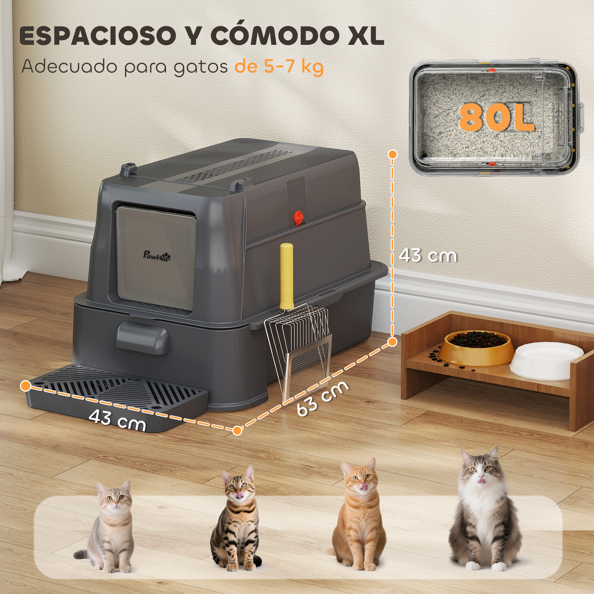 Arenero para Gatos de Acero Inoxidable XL, Caja de Arena para Gatos, Arenero con Tapa Abatible 180°, Laterales Altos, Pedal, Pala, sin Olores, Fácil de Limpiar, Antifugas, Gris Oscuro