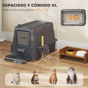 Arenero para Gatos de Acero Inoxidable XL, Caja de Arena para Gatos, Arenero con Tapa Abatible 180°, Laterales Altos, Pedal, Pala, sin Olores, Fácil de Limpiar, Antifugas, Gris Oscuro