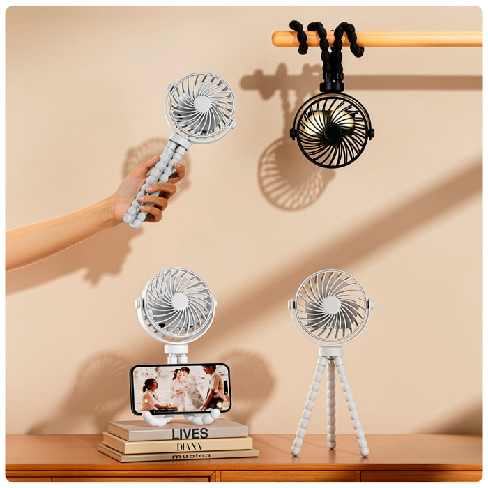 Ventilador portátil T004. Con 3 velocidades, motor sin escobillas de 35 dB y patas flexibles tipo trípode. Luz nocturna, giro de 360° y uso como ventilador de mano o sobremesa.