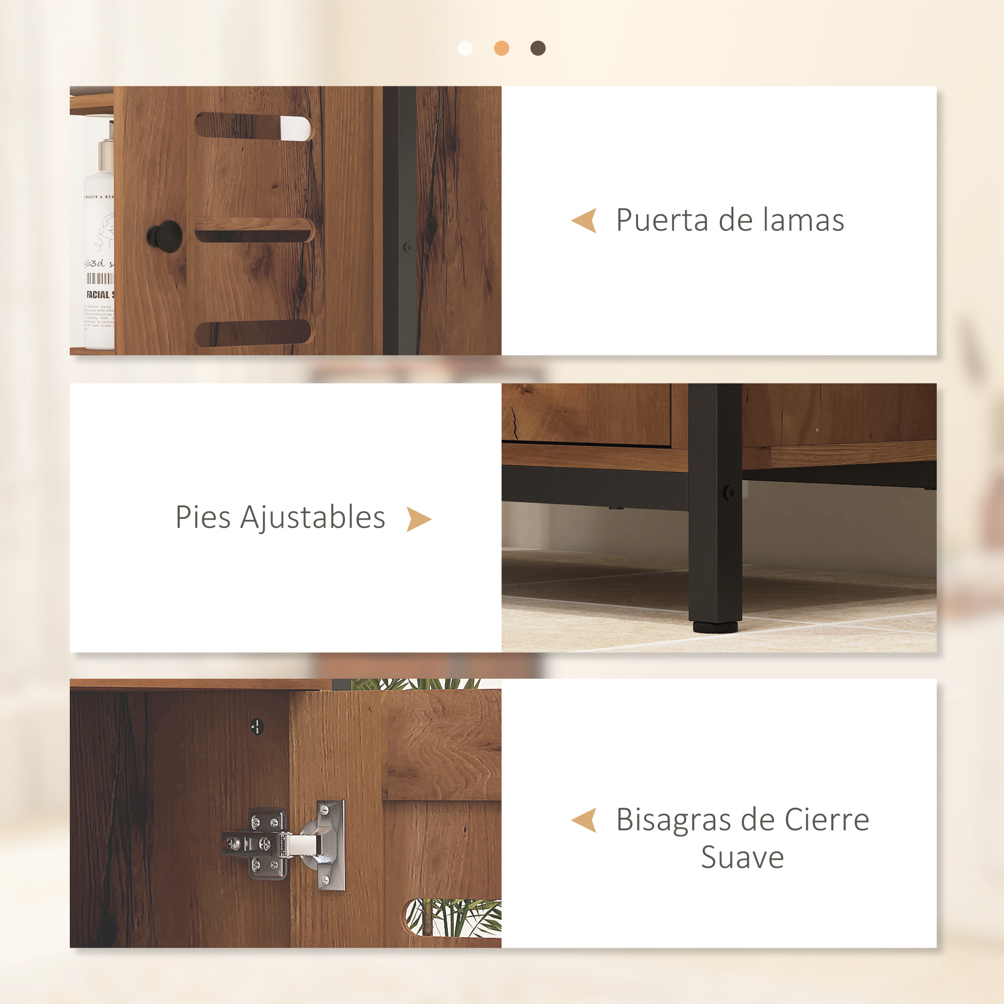 Armario de Baño Estrecho, Columna de Baño con Puerta de Lamas y 3 Compartimentos Abiertos, Estante Ajustable, para Salón, Dormitorio, Entrada, 60x30x85 cm, Marrón Rústico