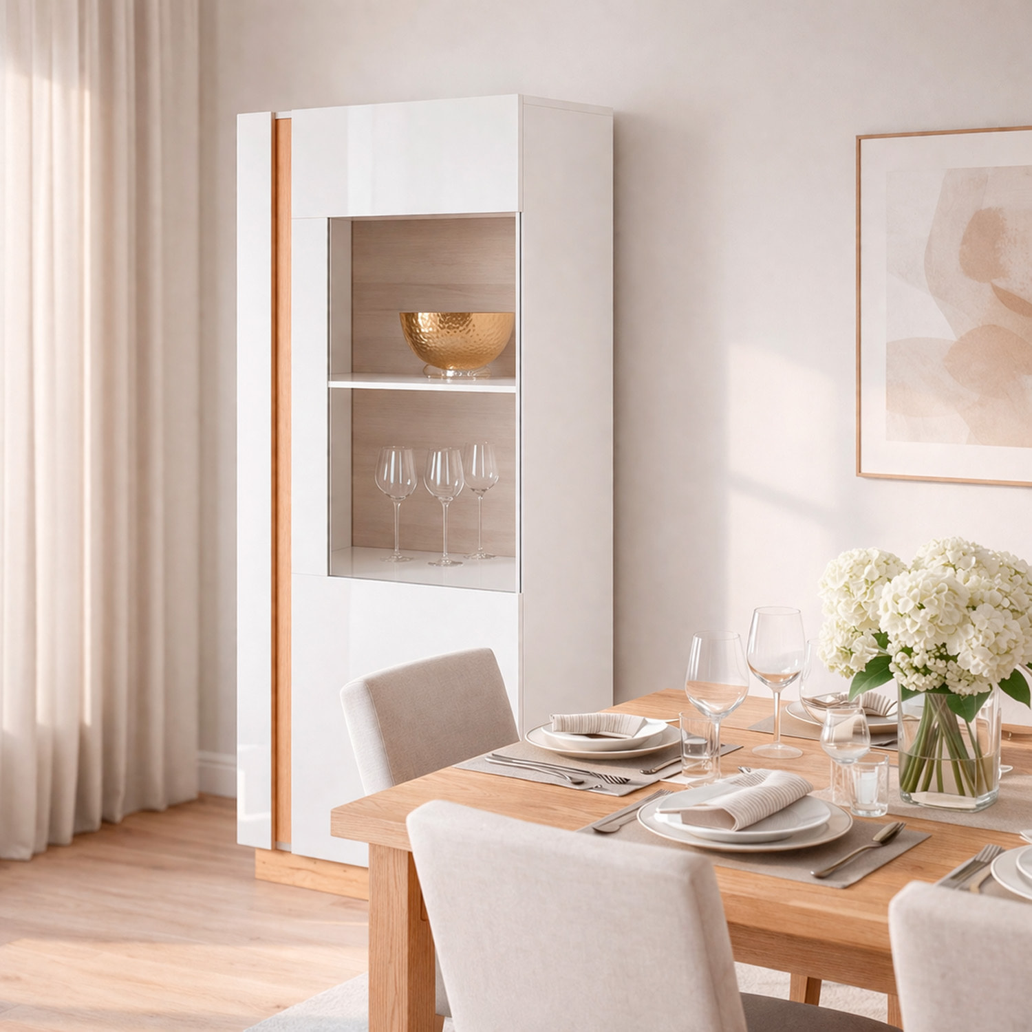Credenza Con Vetrina Moderna Mobile contenitore Con Ripiani Interni In Truciolare Melaminico Ideale Per Soggiorno  72 x 40 x 154 cm Bianco E Rovere