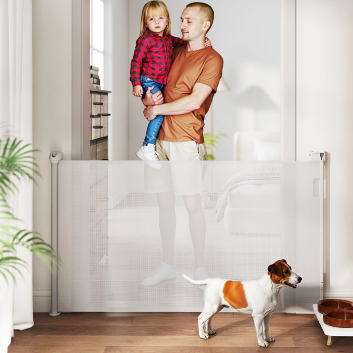 Barrera para Perros Retráctil 0-144 cm Puerta para Perros Pequeños Extensible Barrera de Seguridad para Mascotas con Interruptor de Cierre para Escaleras Puertas Pasillos