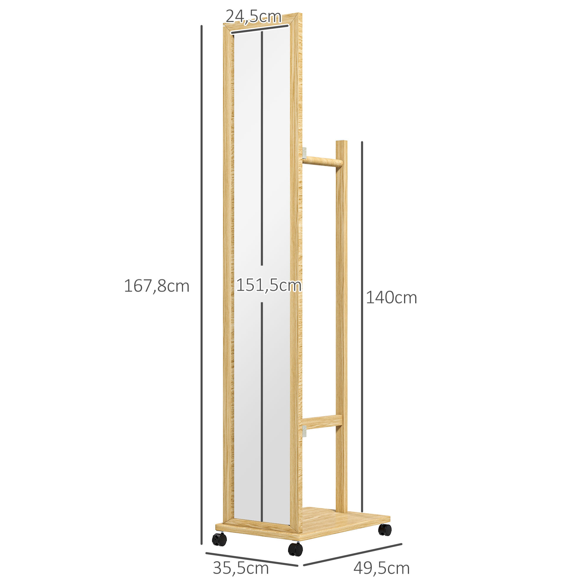 Miroir sur pied avec roulettes - portant, étagère - dim. 49L x 35P x 167H cm - bois de jabon verni