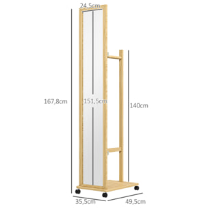 Miroir sur pied avec roulettes - portant, étagère - dim. 49L x 35P x 167H cm - bois de jabon verni