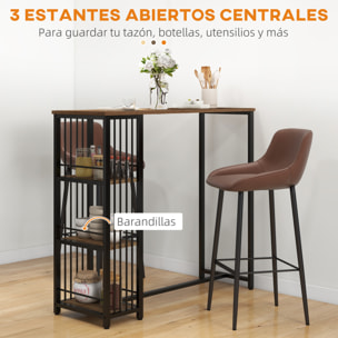 Mesa Alta Cocina con 3 Estantes, Mesa Alta Bar Rectangular para 2 Personas, Patas de Acero, para Salón, Comedor, 120x40x105 cm, Marrón y Negro