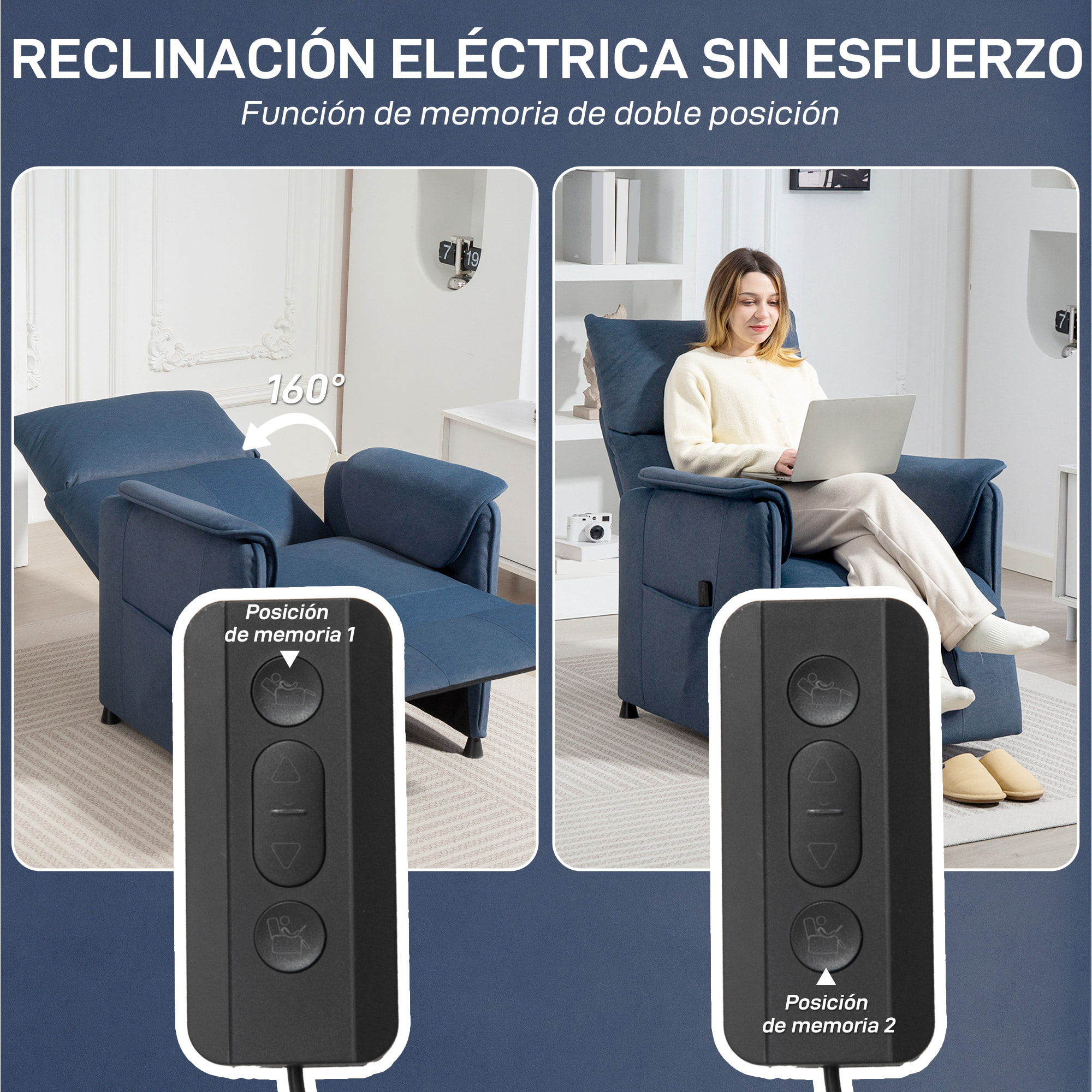 Sillón Relax Reclinable Eléctrico Sillón Reclinable Silencioso con Función Memoria Reposapiés Mando a Distancia Bolsillos Laterales Tela Apto para Mascotas para Dormitorio Salón Azul Oscuro