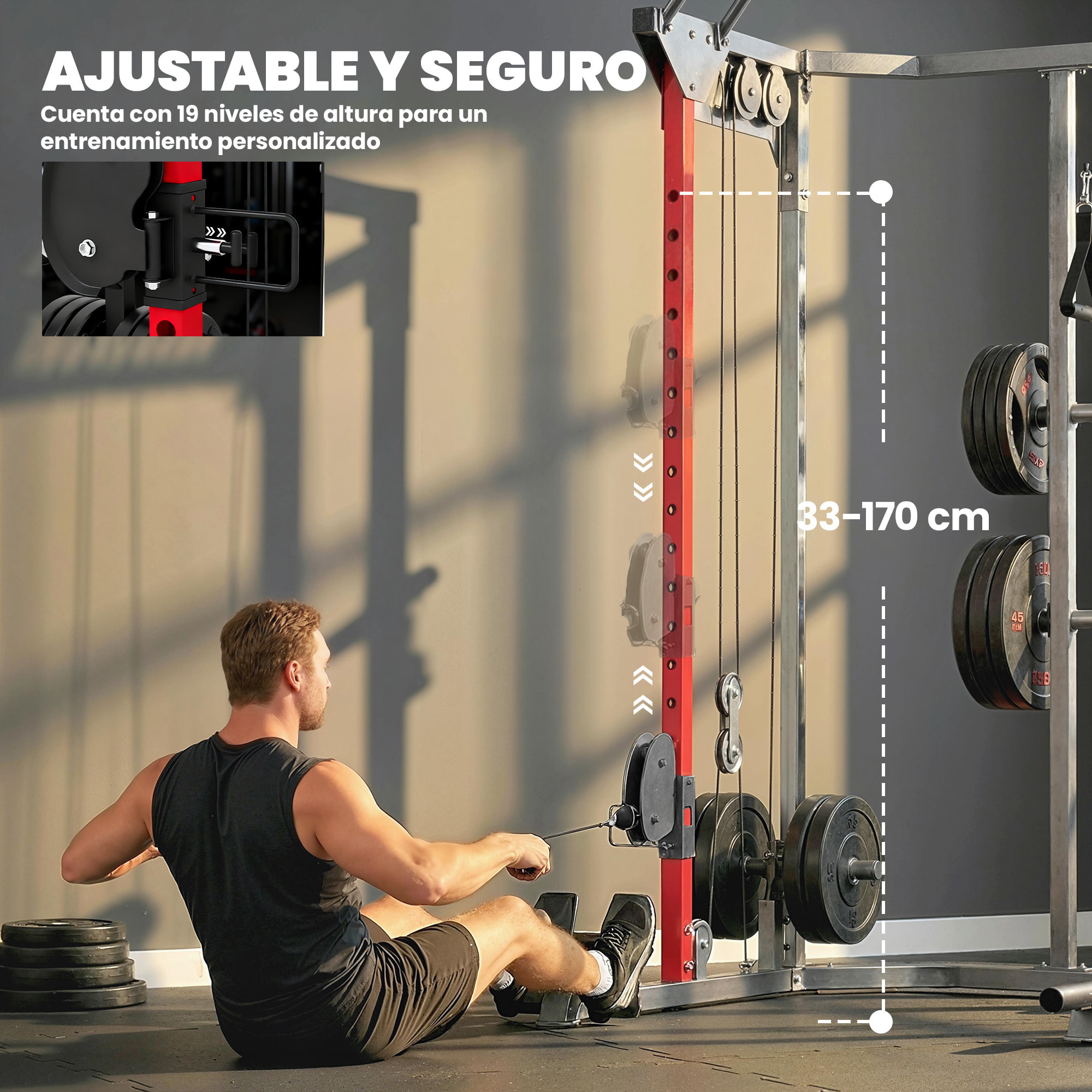 Jaula de Potencia Musculación Smith Machine con Sistema de Poleas Ajustable, Rack para Sentadillas con Barra de Dominadas, Estación de Fondos, Soporte Barra, para Casa Gimnasio, Carga 900 kg