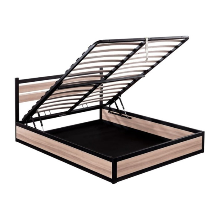 Ensemble lit coffre avec tête de lit & matelas | Mémoire de forme et ressorts ensachés | Espace de Stockage jusqu'à 900 L | Robuste et Large Angle d’Ouverture | Bois et métal | Bois clair