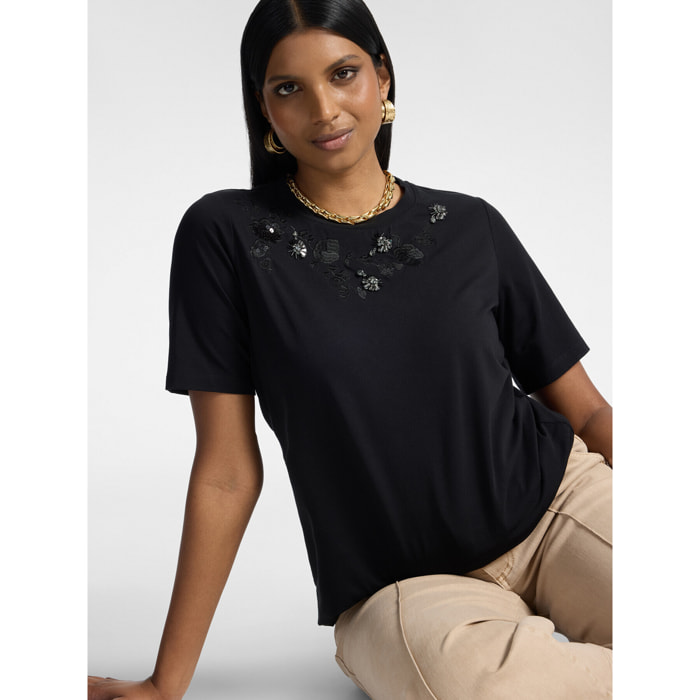 Elena Mirò - T-shirt con ricamo floreale e strass - Nero