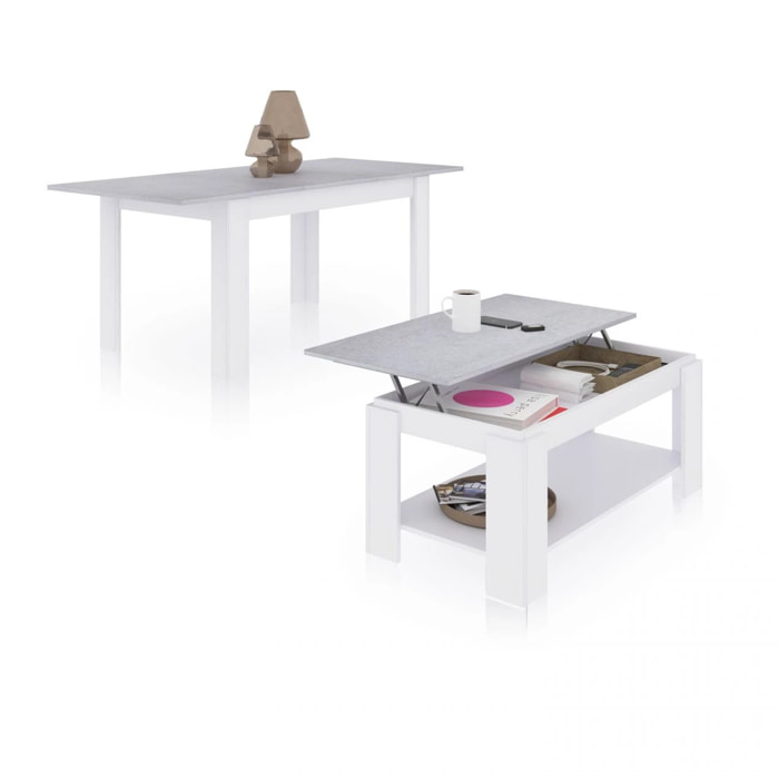Pack mesa de comedor 140 y mesa de centro Lya Blanco Artik (Blanco Mate) - Gris Cemento