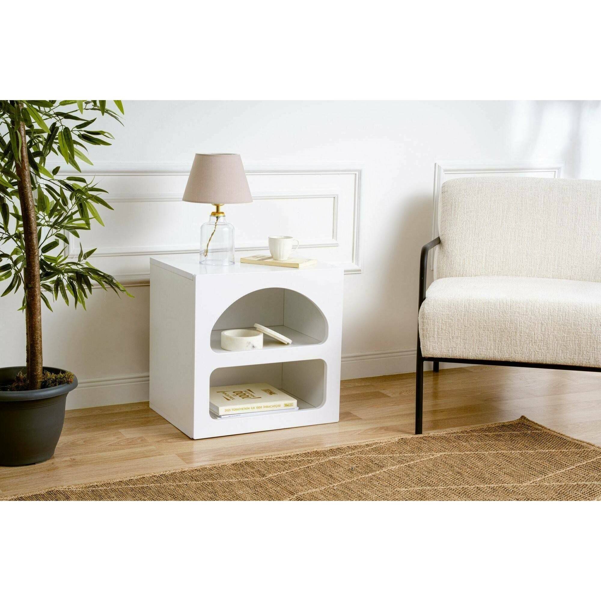 Comodino Nara, Comò basso, Tavolino da notte, Mensola da letto, 50x38h50 cm, Bianco