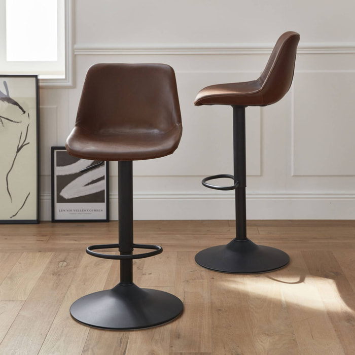 Lot de 2 tabourets de bar réglables - Noah - simili cuir marron - hauteur réglable 60.5/81.5cm. repose-pieds