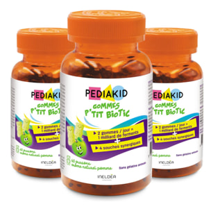 PEDIAKID - Gommes P'tit Biotic - Formule Naturelle au Délicieux Arôme de Pomme - Contribue à Enrichir la Flore Intestinale - Soutient les Défenses de l'Organisme - Lot de 3 piluliers