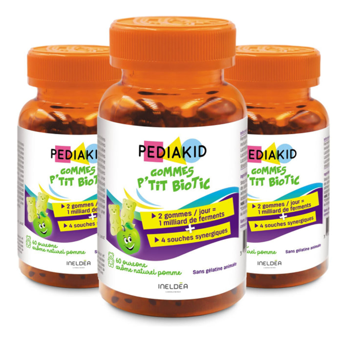 PEDIAKID - Gommes P'tit Biotic - Formule Naturelle au Délicieux Arôme de Pomme - Contribue à Enrichir la Flore Intestinale - Soutient les Défenses de l'Organisme - Lot de 3 piluliers