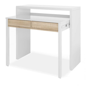 Mesa de escritorio extensible con 2 cajones en blanco artik y roble canadian 98,5x36-70 cm Zira Blanco Artik (Blanco Mate) - Roble Canadian