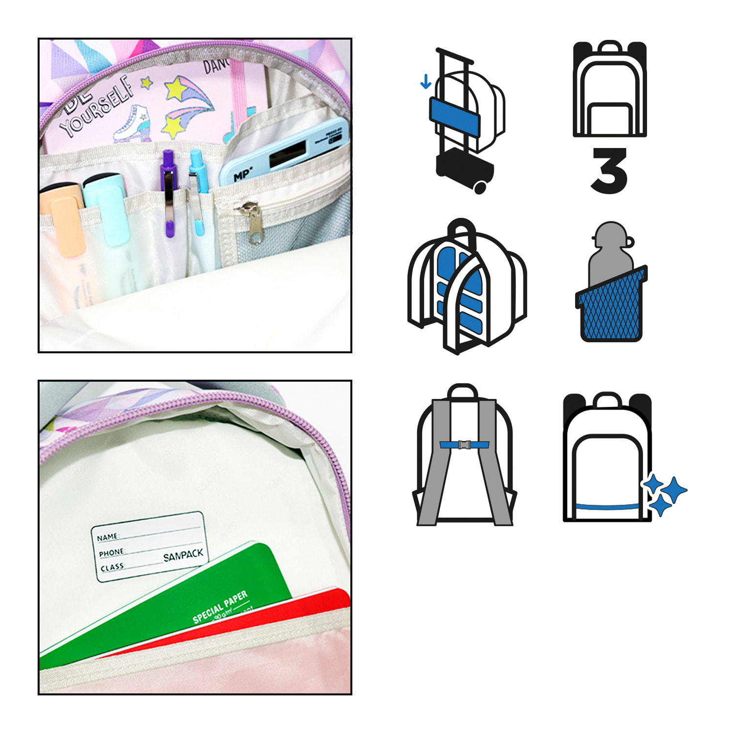 Zaino scolastico con tre cerniere, pannello imbottito, dettagli riflettenti e compatibile con trolley. 28x12x37 cm.