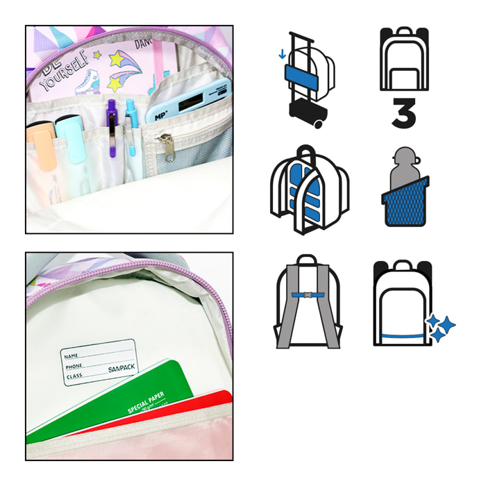 Zaino scolastico con tre cerniere, pannello imbottito, dettagli riflettenti e compatibile con trolley. 28x12x37 cm.