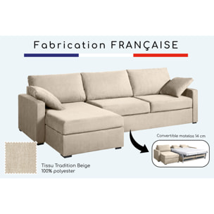 Canapé d'angle convertible 14 cm LYS 260x160 cm Tradition Beige - Fabriqué en France