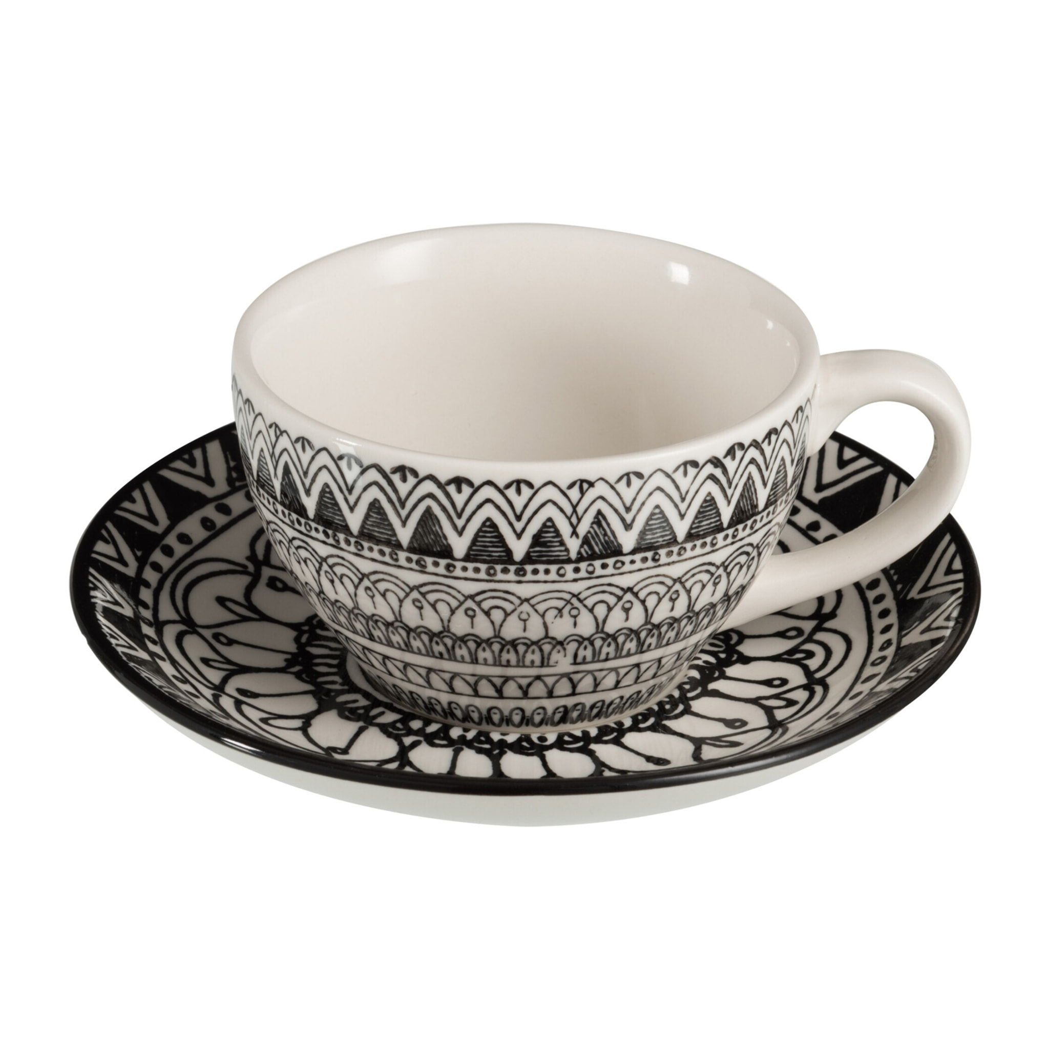 J-Line tasse à café + sous-tasse Monochrome Boho - céramique - noir/blanc - 4 pcs