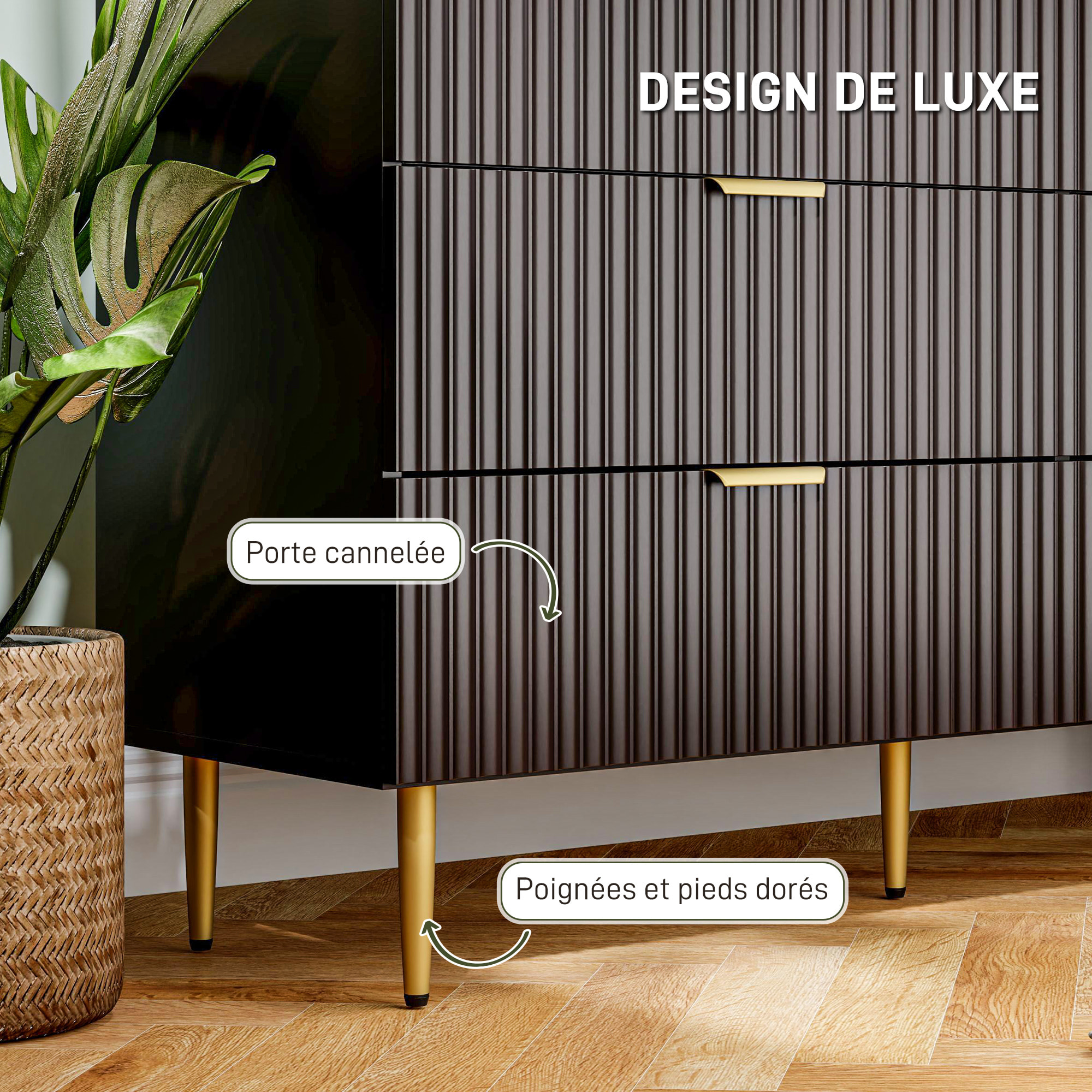 Commode 6 tiroirs design effet cannelé piètement poignées métal doré noir