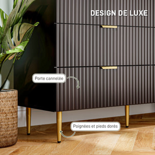Commode 6 tiroirs design effet cannelé piètement poignées métal doré noir