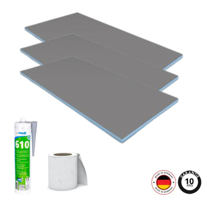 Pack 3 panneaux de construction WEDI 125 x 60 x 3 cm + colle polymere étanchéité 610 + bande d'armature collante