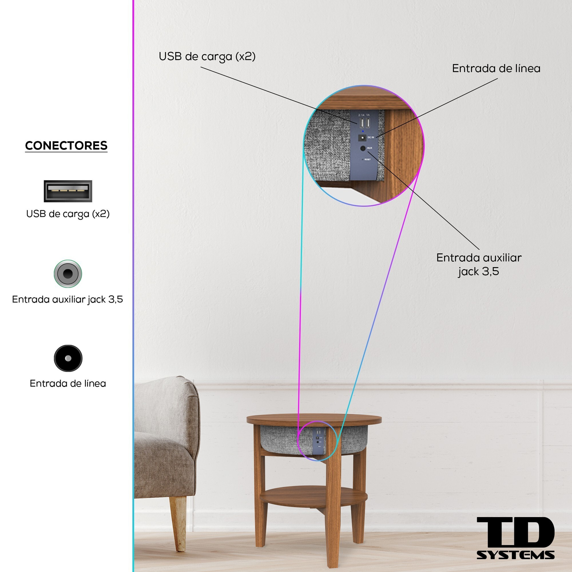 Mesa auxiliar altavoz portátil con sonido de 30W, Bluetooth, base de carga inalámbrica, batería de 2200mAh. Mesilla o mesita para dormitorio o sala de estar - TD Systems SM30B11WC8B [Madera cerezo]