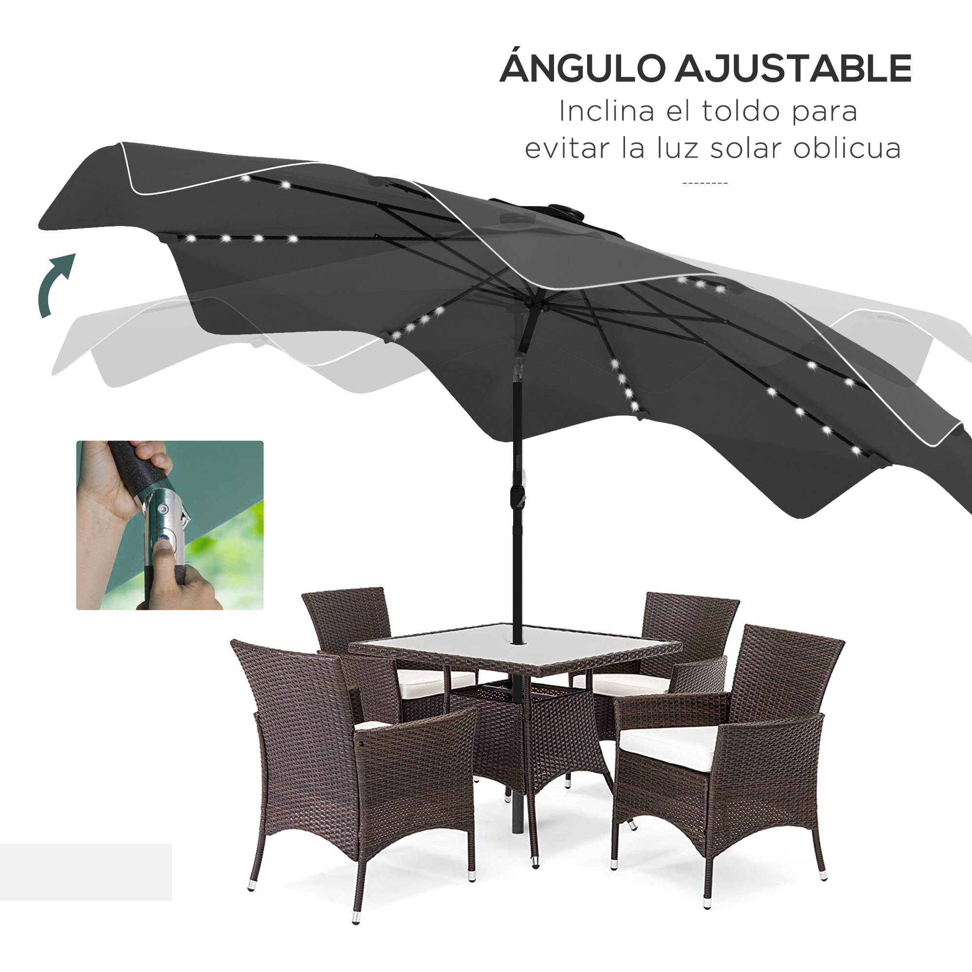 Sombrilla de Jardín Ø292x248 cm Parasol de Terraza Manual con 32 Luces LED Solares 8 Varillas Impermeable y Rejillas de Ventilación para Patio Balcón Gris Oscuro