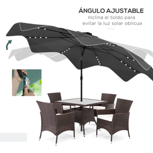 Sombrilla de Jardín Ø292x248 cm Parasol de Terraza Manual con 32 Luces LED Solares 8 Varillas Impermeable y Rejillas de Ventilación para Patio Balcón Gris Oscuro