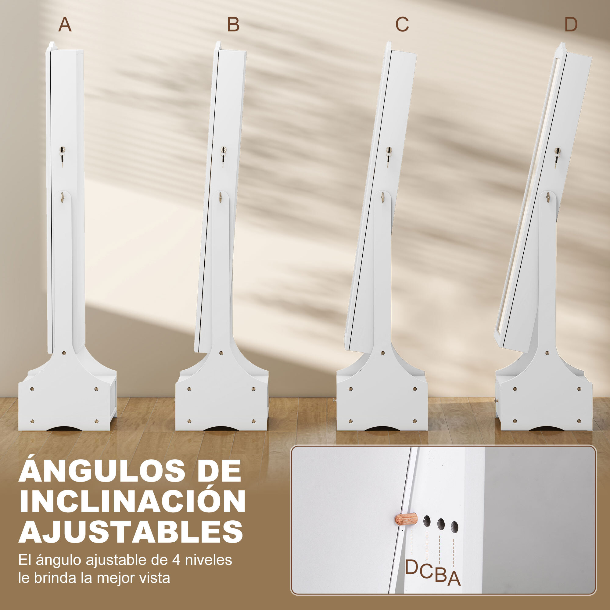 Espejo Joyero con Luces LED, Armario para Joyas, Armario Joyero con Espejo Entero de Ángulo Ajustable, Cajones, Mesa Interior Plegable, Cerradura, Luces Apagado Automático, Blanco y Forro Beige