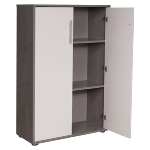 Libreria a 2 ante e 2 ripiani, Scaffale per libri e documenti, Credenza portaoggetti da ufficio, cm 79x34h188, colore Bianco e Cemento