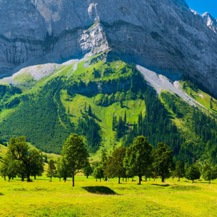 Tableau panoramique alpages lumineux et sommets alpins ciel bleu Toile imprimée