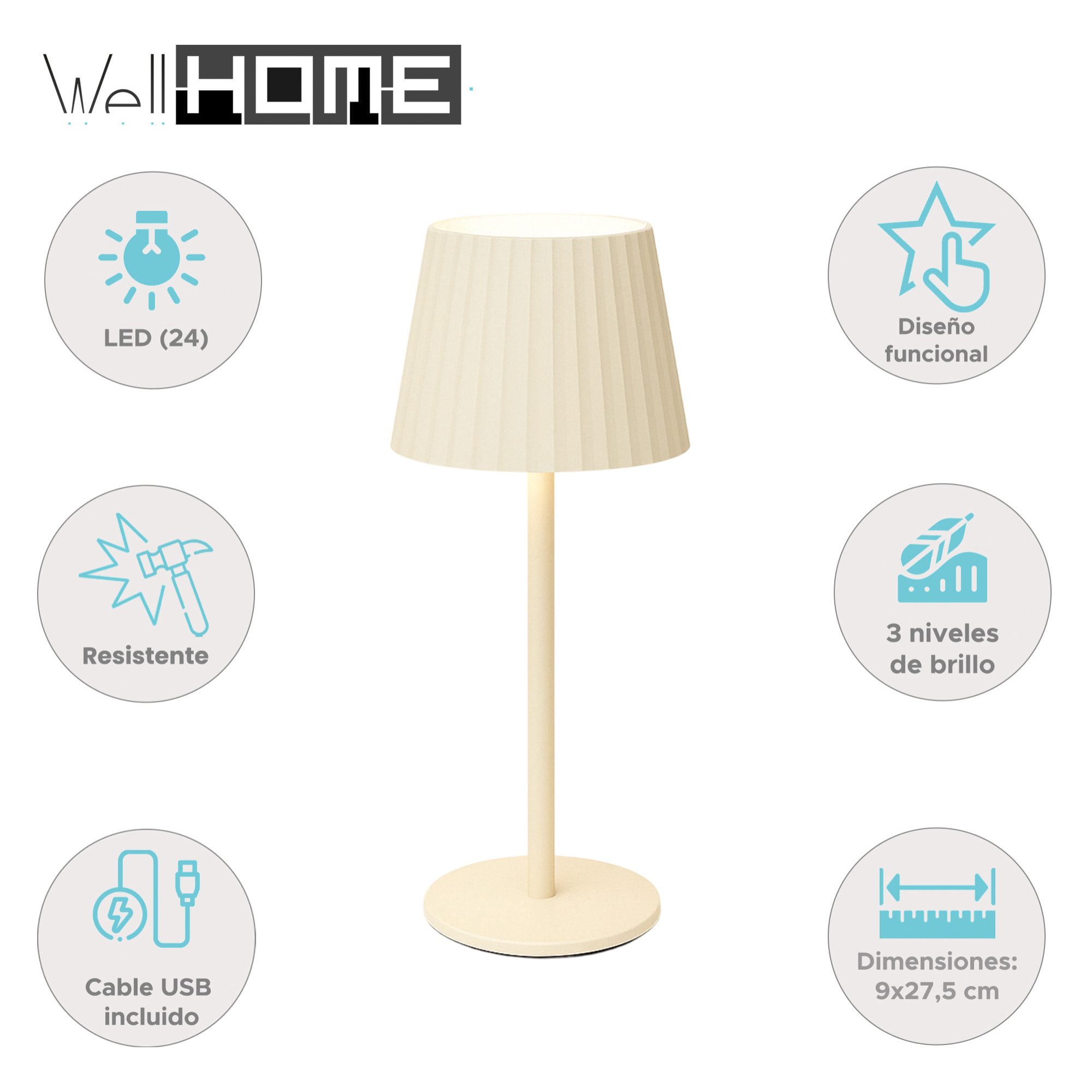 Well Home Lámpara de Mesa Crema LED recargable con 24 luces blancas cálidas y 3 niveles de brillo Ø9x27,5cm