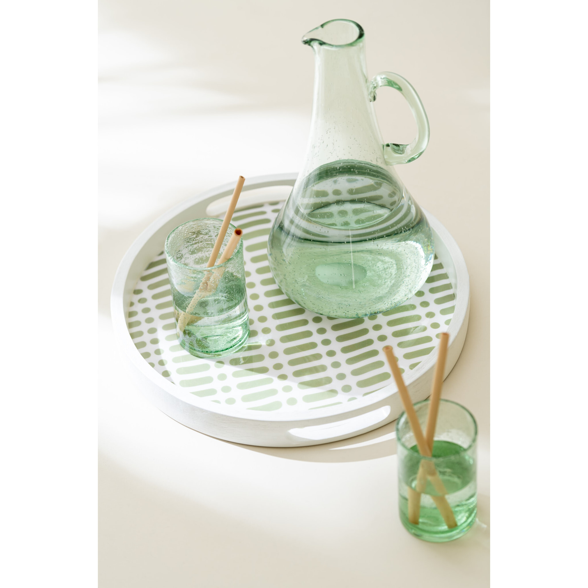 J-Line plateau Rond Avec Des Poignées Motif Floral - bois - vert/blanc