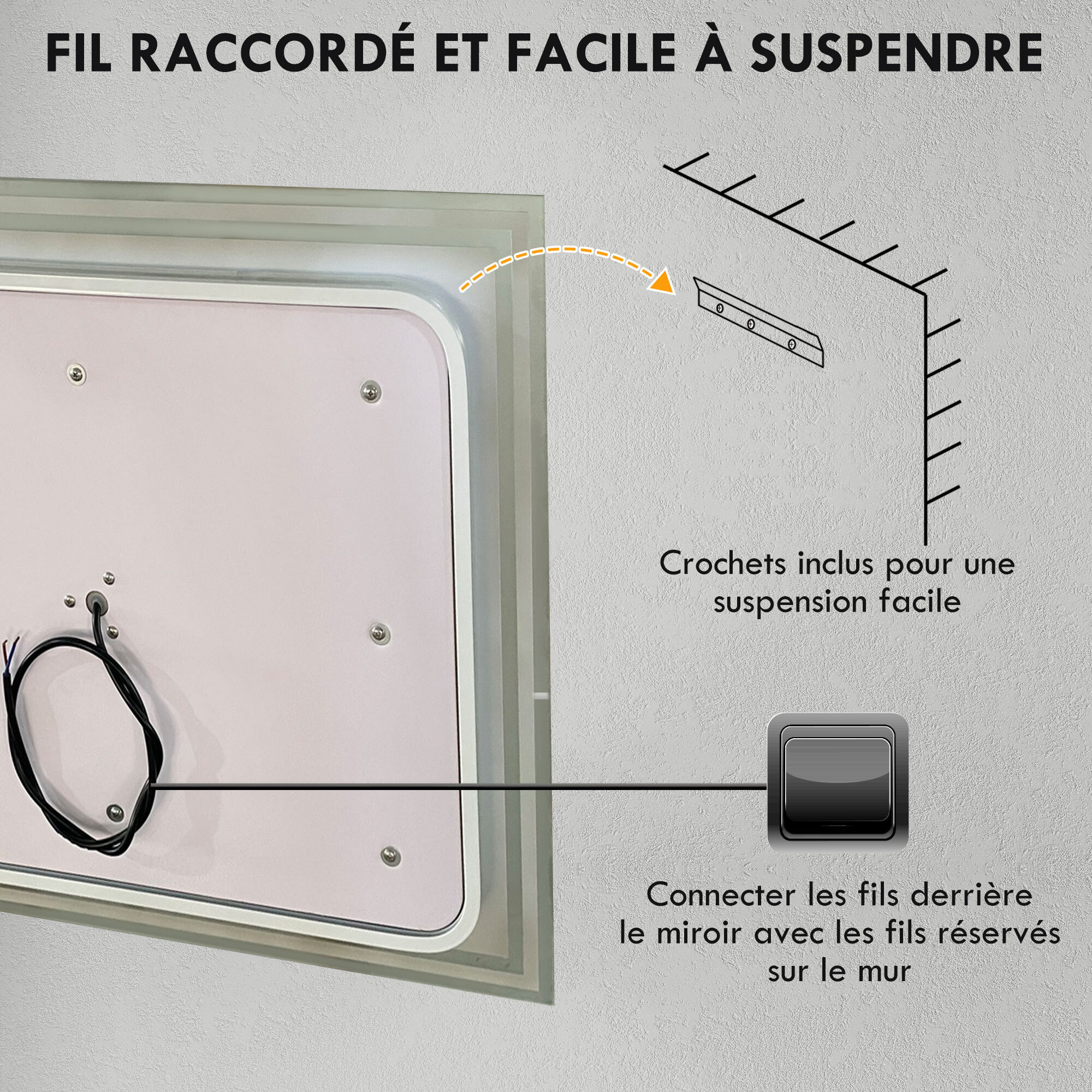 Miroir LED mural de salle de bain - 100L x 60H cm - luminosité réglable 3 couleurs - interrupteur tactile - système antibué