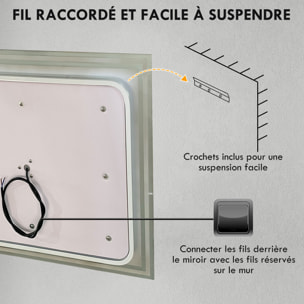 Miroir LED mural de salle de bain - 100L x 60H cm - luminosité réglable 3 couleurs - interrupteur tactile - système antibué