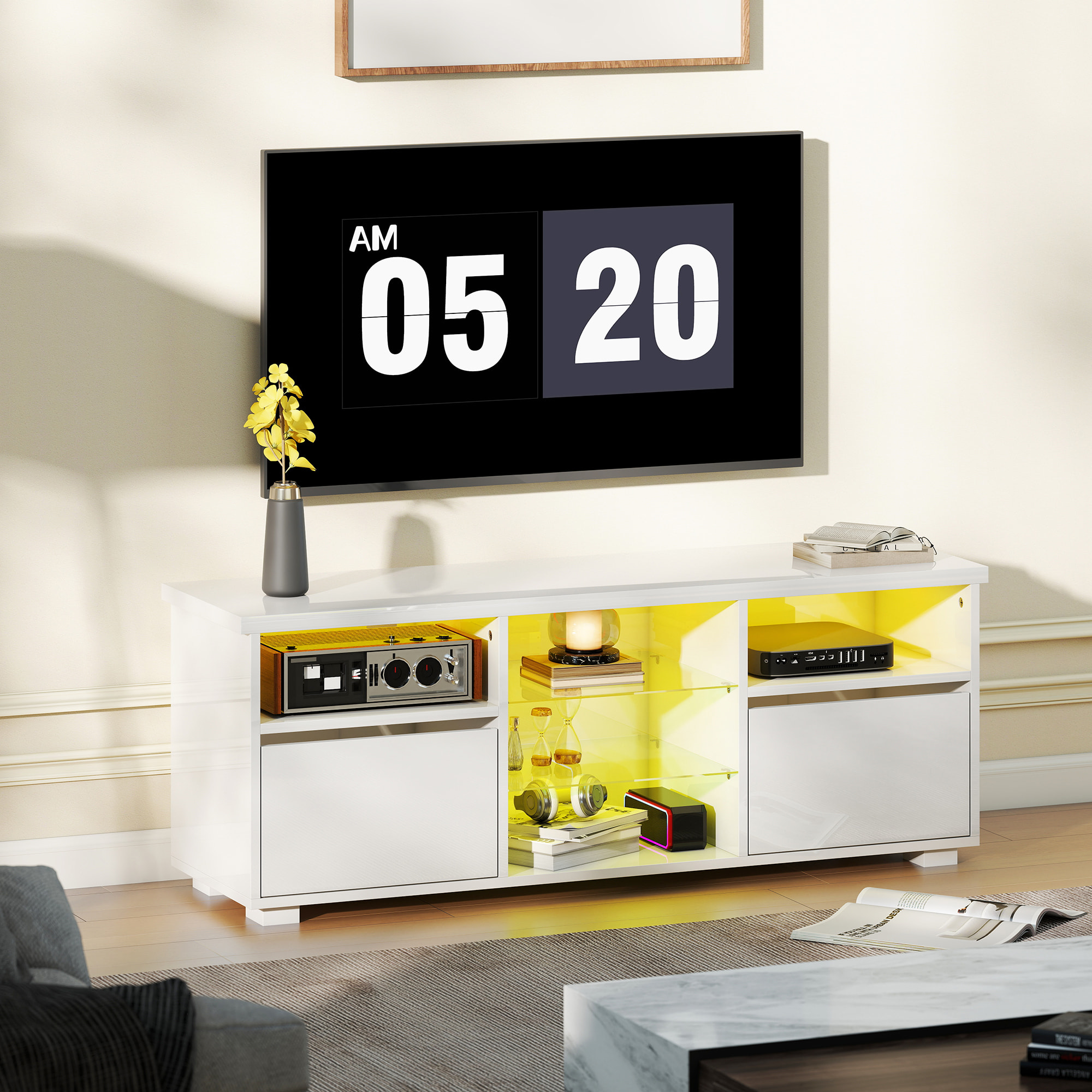 Meuble TV blanc laqué LED design multi-rangement dim. 120 x 34 x 45 cm