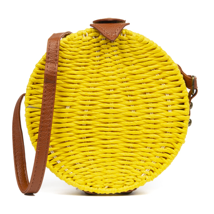 IRIA QUINTANA Borsa a tracolla da donna Cuneo. Tessuto Paglia Pelle Sintetica PU 18x4x18 Cm. Colore giallo