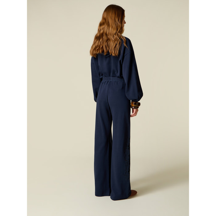 Oltre - Joggers de felpa con detalles de encaje sangallo - Azul