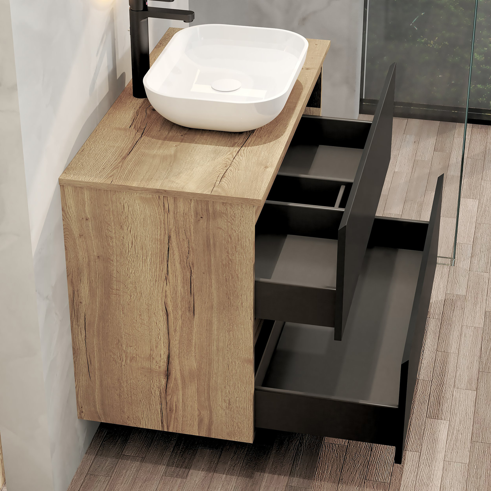 ENSEMBLE DE SALLE DE BAIN NIA | MEUBLE SUSPENDU | 90 CM NOIR | DEUX TIROIRS |LAVABO SUR PLAN | MIROIR NON INCLUS | MEUBLE MONTÉ | ALDAY