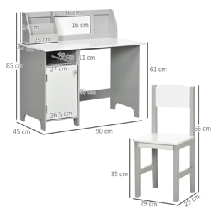 Juego de Mesa y Silla Infantil de Madera con Pizarra Blanca Mesa de Estudio para Niños de +5 Años Mueble Escritorio Infantil 90x45x85 cm Gris