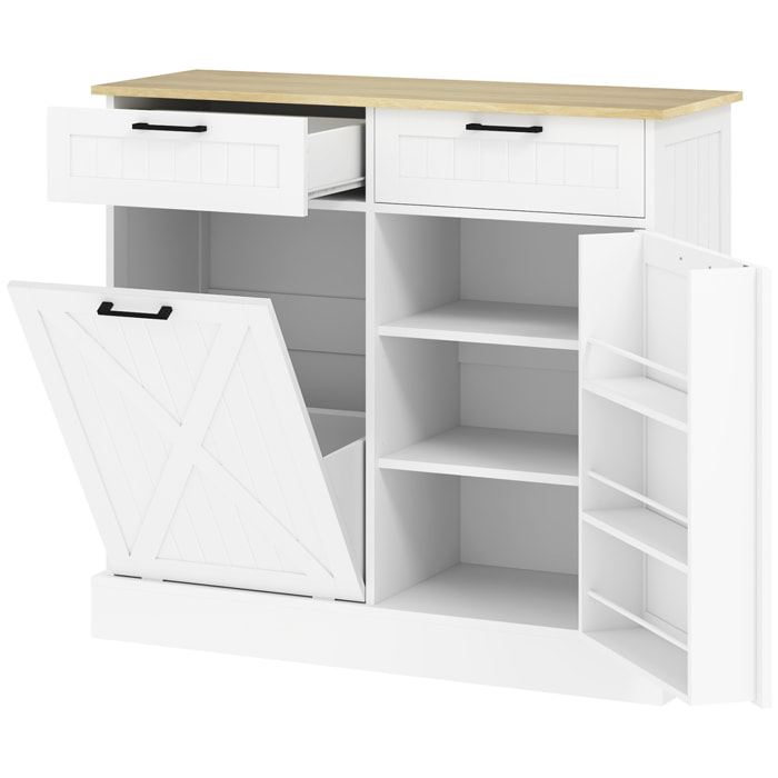 Buffet cuisine meuble poubelle 38L - porte, 2 étagères, 2 tiroirs, porte-épices - effet bois clair blanc