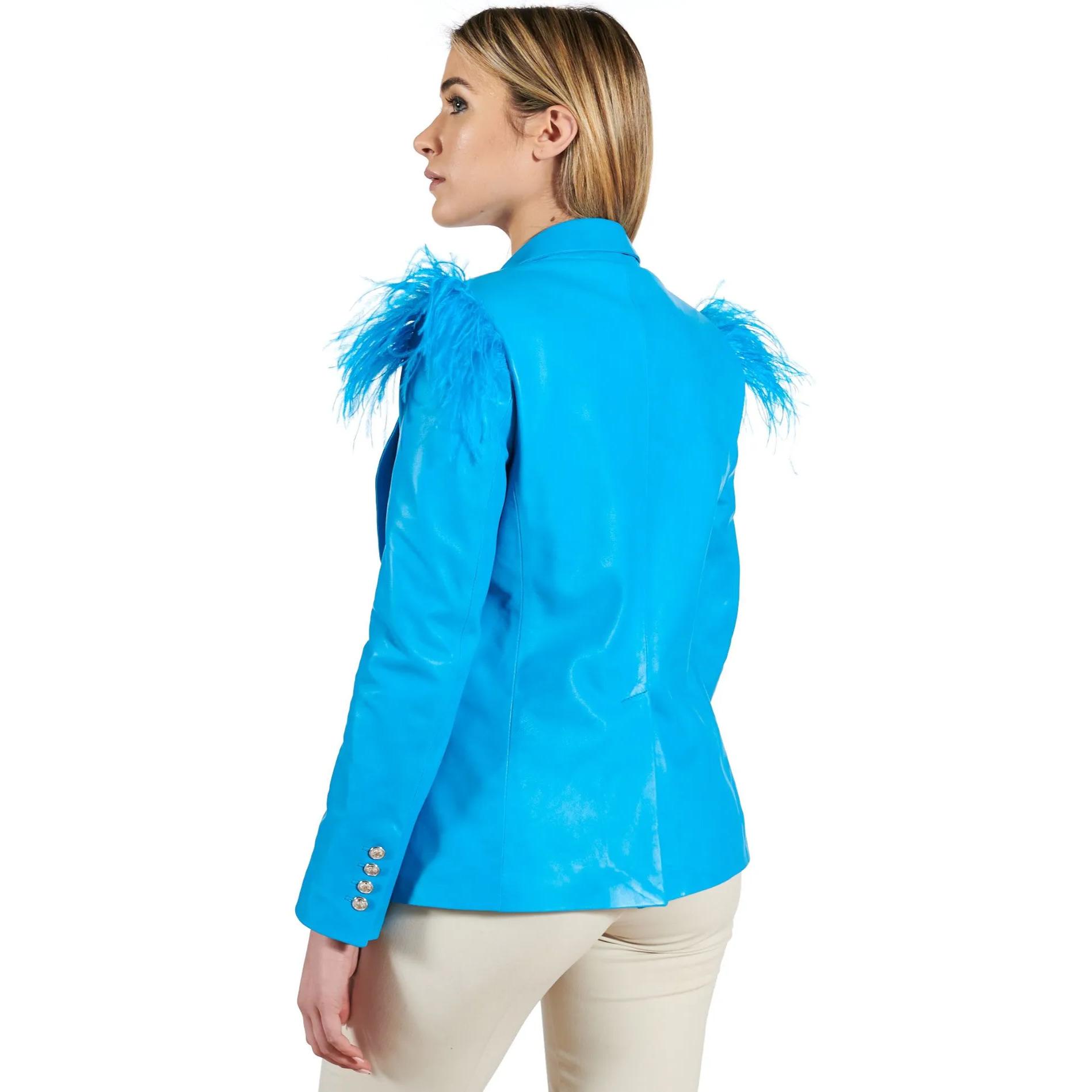 Giacca blazer in pelle naturale azzurra con piume