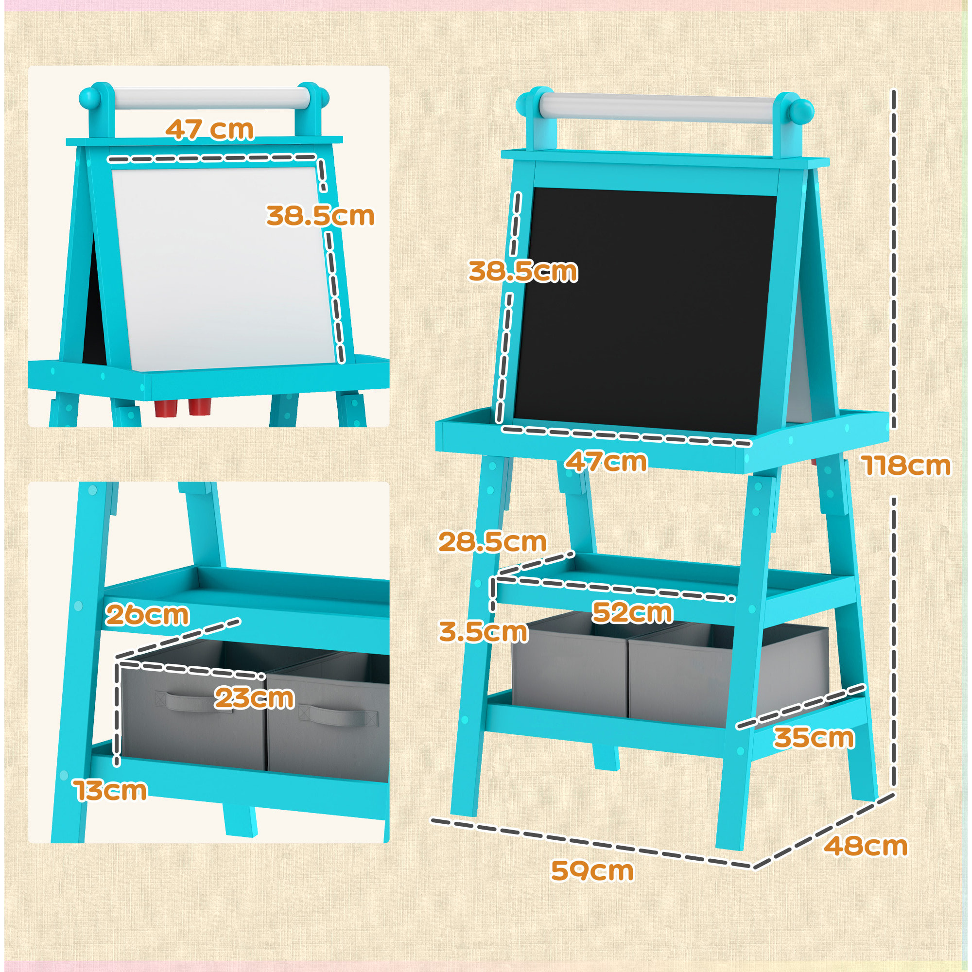 AIYAPLAY Lavagna per Bambini con Cavalletto 3 in 1, Rotolo di Carta e 2 Contenitori, in Legno, 59x48x118 cm, Blu