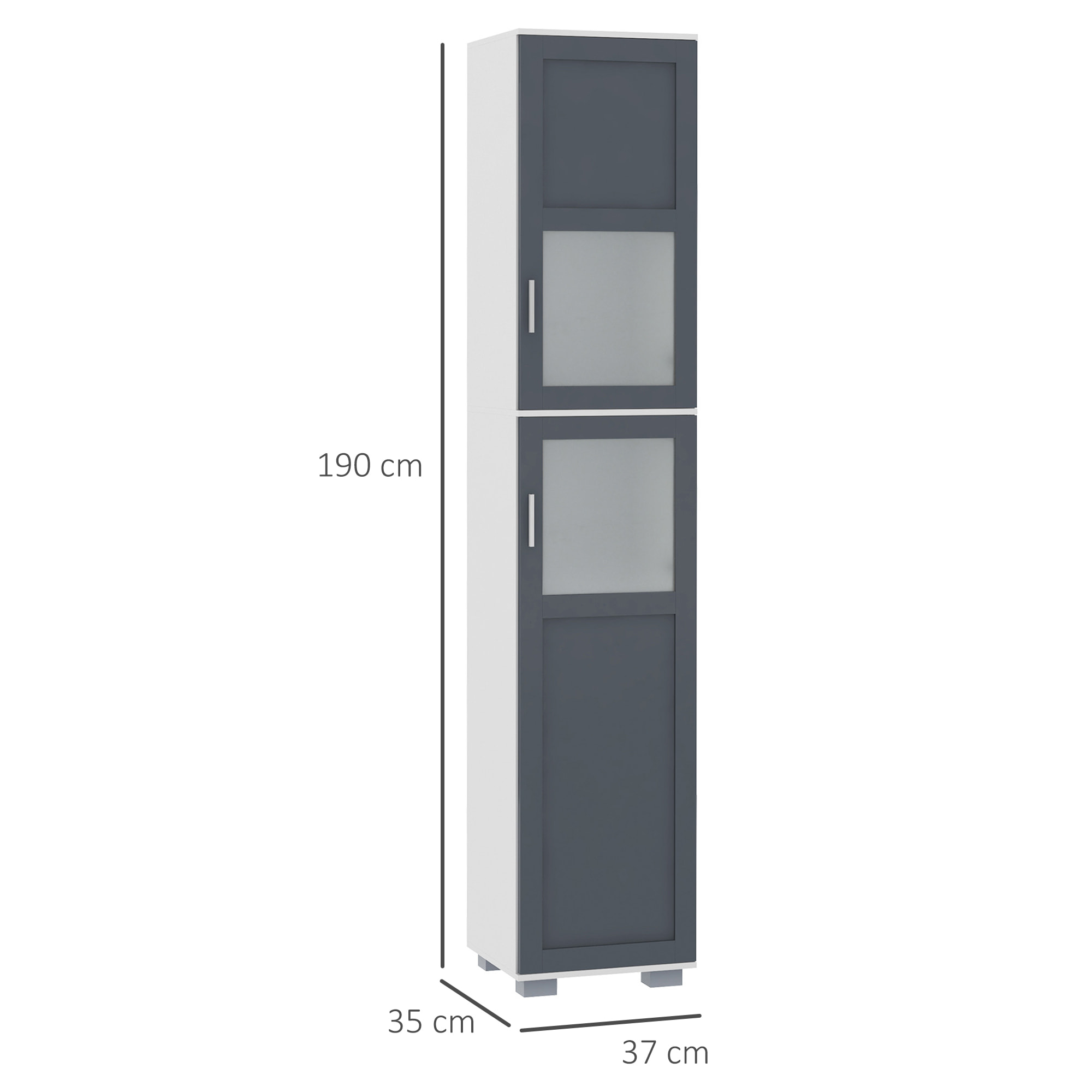 Armario Alto de Baño Mueble Columna de Baño con 2 Puertas de Vidrio Templado y Estantes Ajustables 37x35x190 cm Blanco y Gris