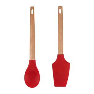 juego de 2 utensilios de cocina - cuchara y espátula - de silicona y mango de madera en color rojo