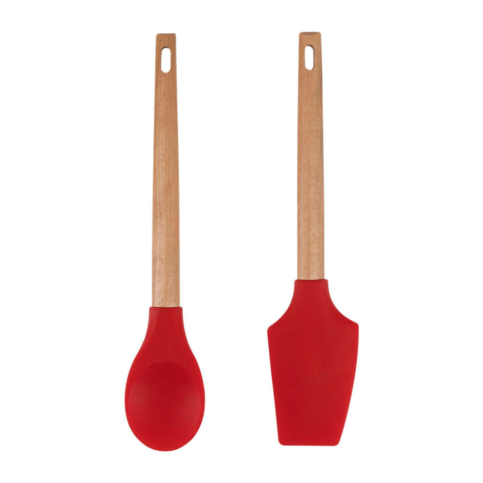 juego de 2 utensilios de cocina - cuchara y espátula - de silicona y mango de madera en color rojo