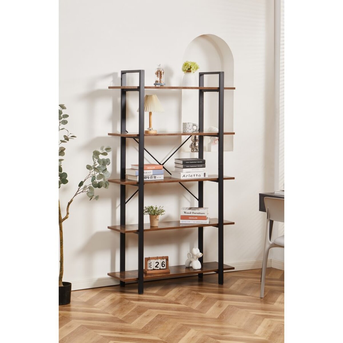 Libreria moderna con 5 ripiani in legno e metallo